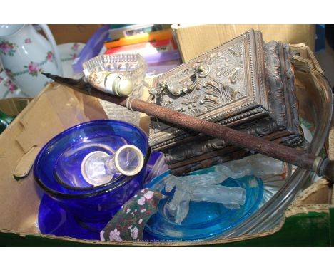 A box of miscellaneous glassware, German pipe, jewellery box etc.