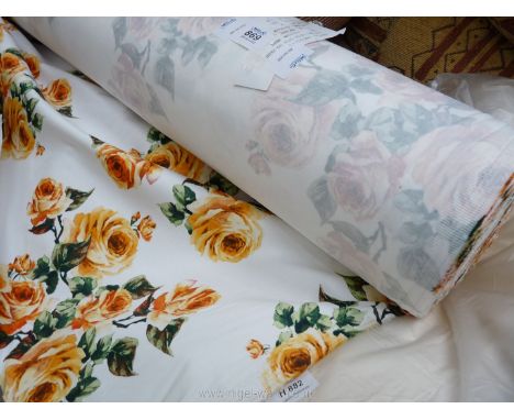 A good roll of satin cotton print fabric in 'New Rose' pattern, yellow shade, 57'' wide.