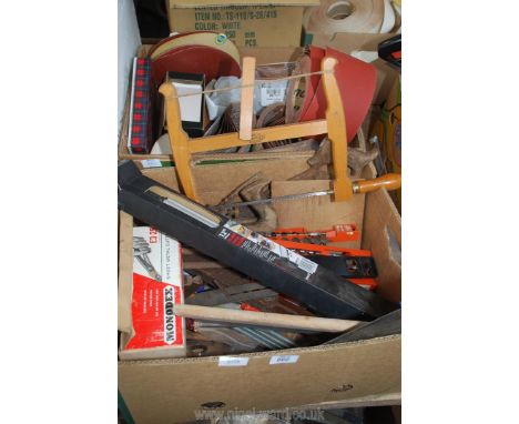 A box of belt sander paper - 80 grade and various other grades, box of auger bits, metal shears, cutter, wooden auger bits, e