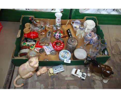 A box of Border Fine Arts Studio cats, bell, glasses, Corgi toy, Shire horse etc