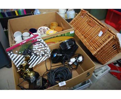 A wicker hamper, Coca Cola,glasses, car cooling fans, Garmin satnavs etc