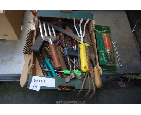 A tray of tools, spanners, garden forks and an impact driver