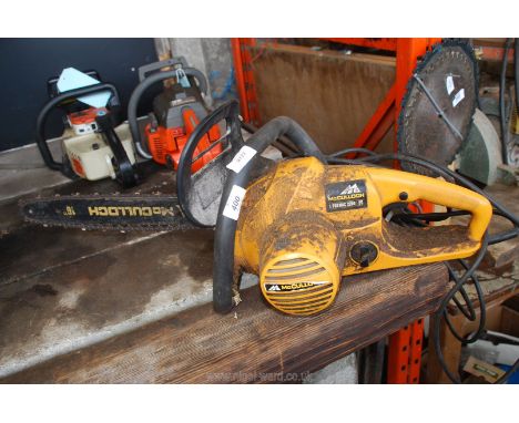 A McCulloch Promat 2200 electric chainsaw, (working at time of lotting but lead damaged, needs replacing).