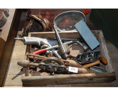 Leather knee pads, old hand drill, chuck ,old tools etc.