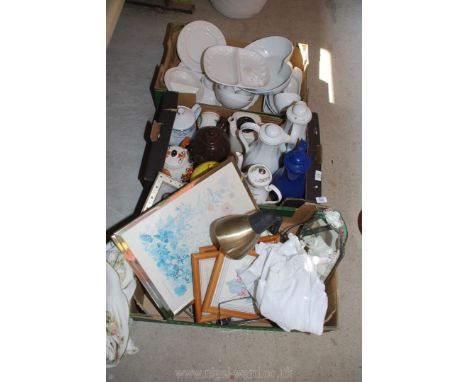 Three boxes of china including teapots, thermos flasks, light, dishes etc