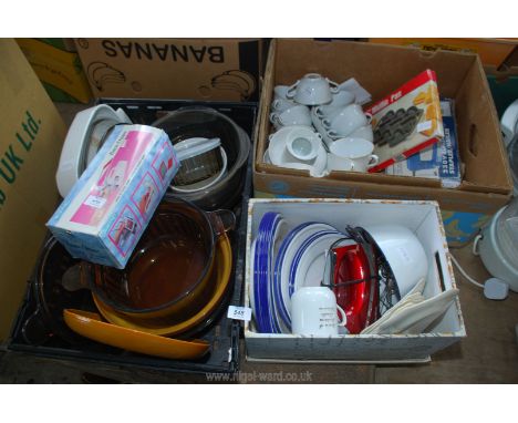Three boxes of miscellanea including Royal Worcester soup cups, Pyrex, enamel ware, Draper staple gun etc