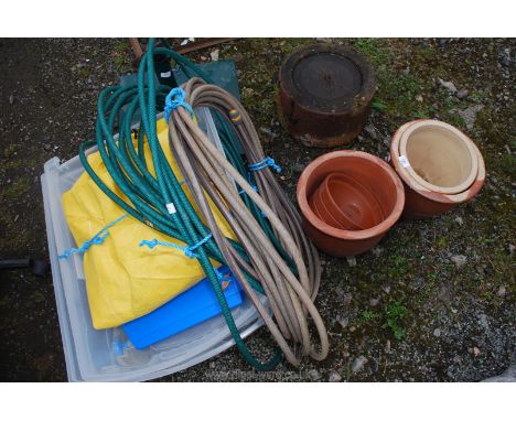 Planters, hose pipe, tarpaulin builders bag, umbrella stand