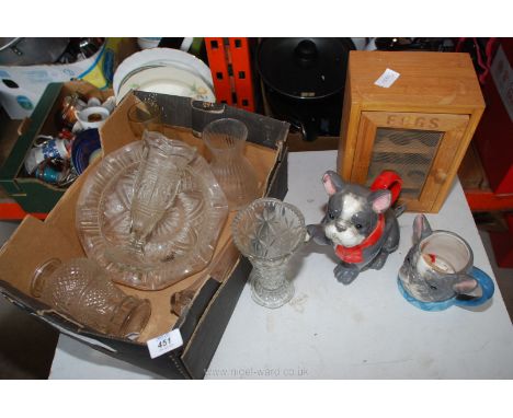A quantity of glass vases, novelty teapot and egg safe.