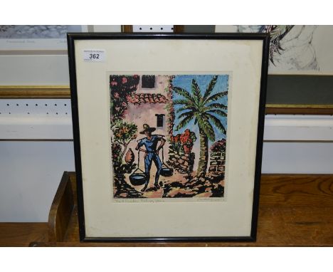 Harold Ha**** (20th century) Fish Peddler, Malaga, Spain 
serigraph and watercolour, indistinctly signed, 25cm x 22cm 
