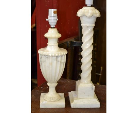 An alabaster column lamp base; another urnular lamp base, with shades (2)