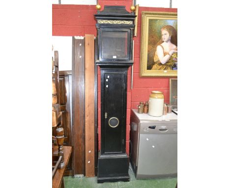 A Japanned longcase clock case, gilt fret work to hood, circular glazed aperture to waist and key 