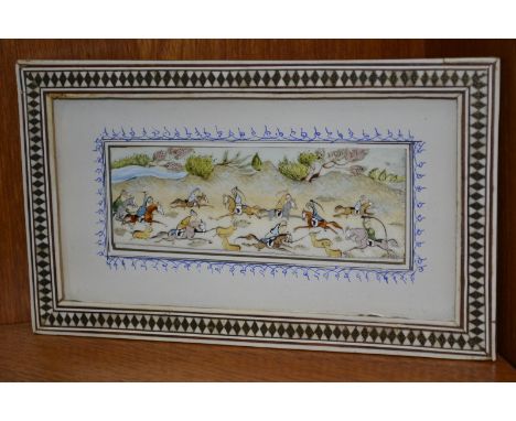 An ivory panel pastel with middle Eastern hunting scene in inlaid frame