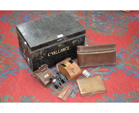 Metalware - cased cutlery, pewter, silver plate and  Tala small tin trunk, cased opera glasses, cigarette box etc