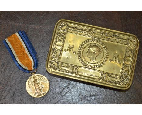 A Victory medal, 5344 Corporal J Archer, Oxford and Bucks Light Infantry, together with his Christmas 1914 tin