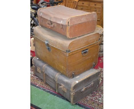 Vintage luggage - a Metal travelling trunk; a wood bound travel trunk; a wood bound suitcase; a Lacrosse stick (4)