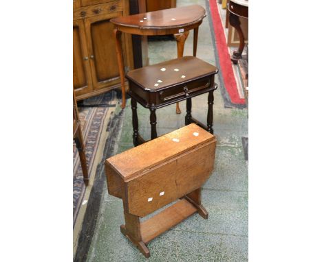 A retro Mobel teak tile top occasional; a  small oak dropleaf occasional table; a walnut veneered reproduction demi-lune tabl