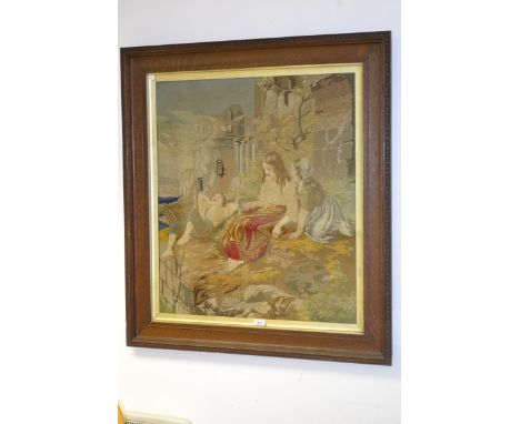 A large 19th century Berlin woolwork panel, worked in polychrome with children at leisure beside a castle ruin, 82cm x 74cm