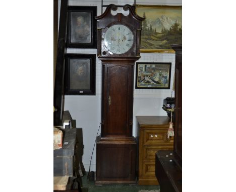 A George III oak longcase clock,  33cm white dial, dummy winding holes, Roman chapter, signed Jas Ashton/Tideswell, subsidiar