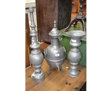 A 19th century French pewter water urn; a table lamp; a vase (3)