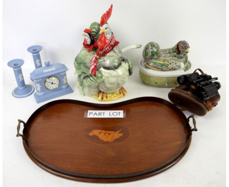 Shelf of decorative ceramics and other miscellaneous items including cockerel tureens and egg holders, Wedgwood Jasperware, g