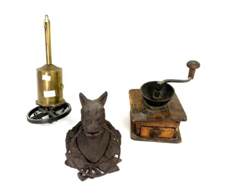 19th century meat jack, cast metal wall hanging mount in the form of a horses head,  coffee grinder, a decanter and a 19th ce