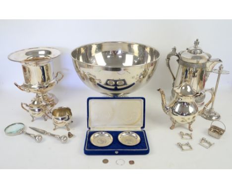 Silver plated punch bowl, three piece tea service, large covered jug, champagne bucket and other items,.  