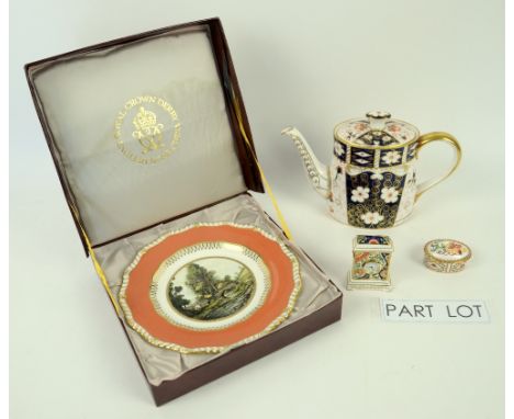 Six Royal Crown Derby cabinet plates, boxed, a Royal Crown Derby teapot, miniature clock and trinket box. (9).  