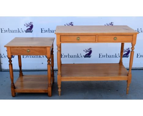Light beechwood two tiered side table with two drawers and three smaller similar tables,.  
