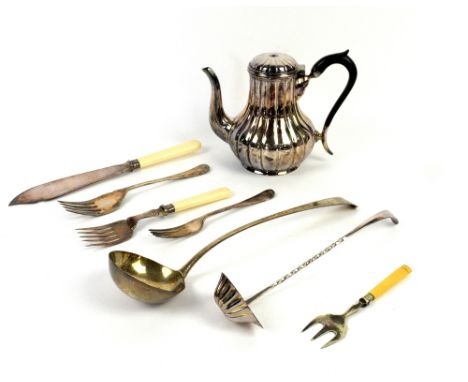 Silver flatware to include six Mappin &amp; Webb dessert spoons and three matching side forks, a large silver ladle, a plated