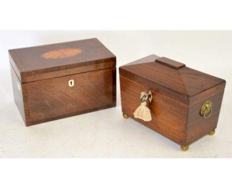 19th century rosewood sarcophagus shaped tea caddy on brass ball feet, 19cm wide, and a mahogany tea caddy with shell inlaid 