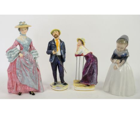 A Royal Doulton figure 'Mary Countess Howe' (HN3007), Royal Worcester figures 'Norbert' and 'Alphonsine', and a Royal Copenha