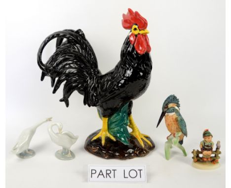 A large continental porcelain model of a rooster signed 'Anixi 06' to base, seven Royal Doulton seriesware plates and other d