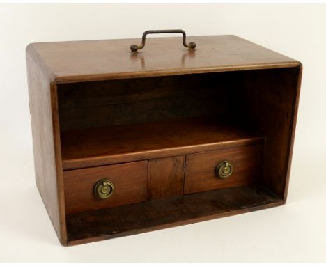 Turn of the century mahogany sewing machine box with shelf over two drawers, 44 x 29 x 25cm.  