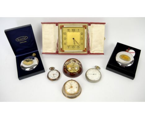 Art Deco enamel clock in case, J.W.Benson pocket watch, Looping 8 day alarm clock, another pocket watch, watch parts in resin