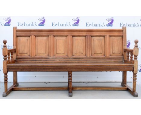 Oak bench with panelled back, 99cm (h) x 183cm (w) x 58cm (d)..  