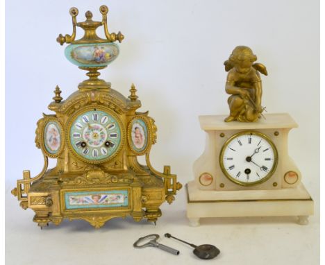 French gilt metal clock with turquoise porcelain and painted decoration, with urn surmount, and a marble clock with cherub su