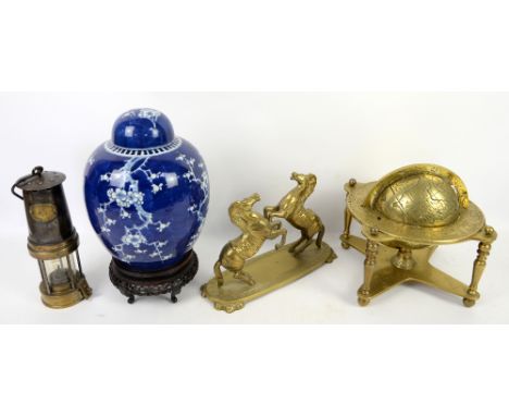 Blue and white Chinese ginger jar, brass items, other metal ware, walking sticks, .  All items show evidence of age and wear.