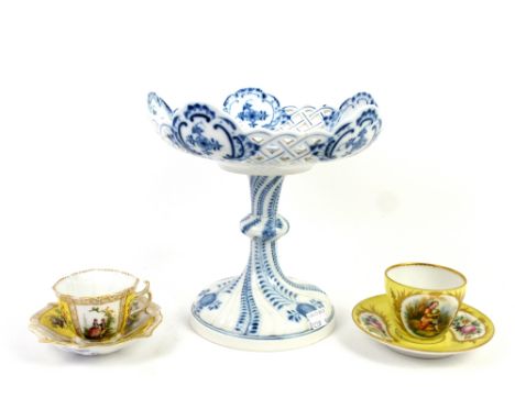 Selection of Dresden china including Onion pattern fruit basket on stand, cups and saucers, two oval pierced dishes, etc..  G