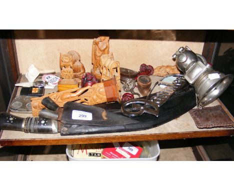 Various collectables, including old cycle lamp, kukri, etc.  