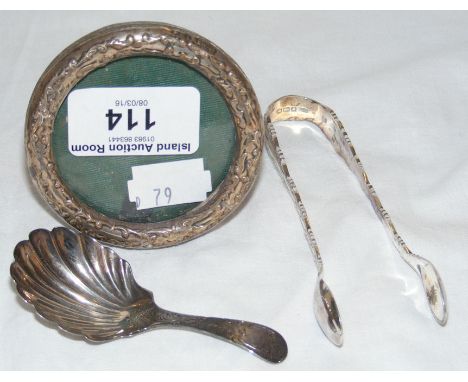 Silver caddy spoon, sugar tongs, etc. 