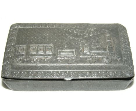 Pewter snuff box with early railway scene to lid 