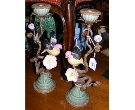 Pair of decorative ceramic and brass candlesticks 