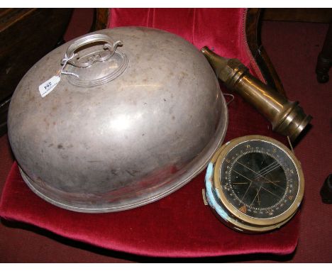 A binnacle compass, together with an old brass Fireman's nozzle and plated tureen cover  