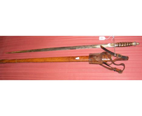 An old John Hyman of London sword with leather grip and leather bound scabbard 