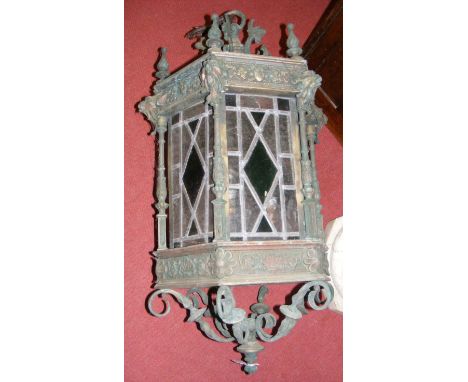 A heavy cast metal and stained glass porch lamp - 85cm 