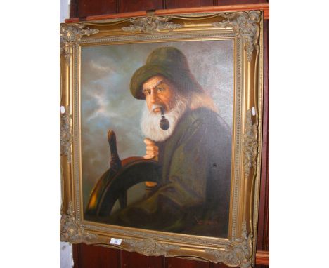 YOUNG - oil on canvas of bearded fisherman smoking pipe at the wheel - 60cm x 50cm 