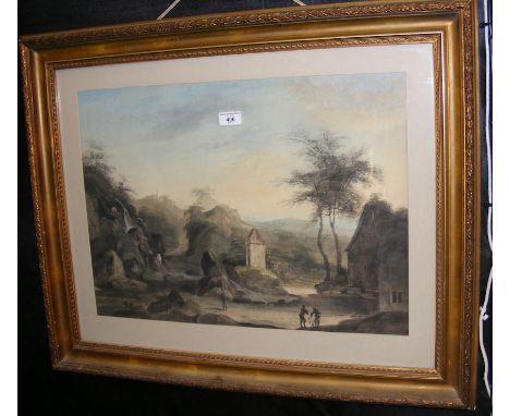 Coloured print of continental rural scene in gilt frame - 60cm x 70cm  