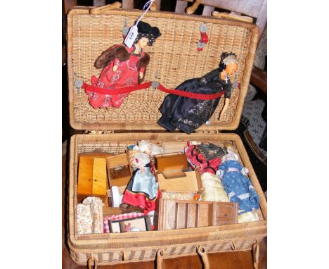 Wicker hamper full of old dolls house furniture 