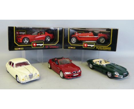 Burago: 1;18 scale, Alfa Romeo 8C2300 Monza,1931, Dodge Viper, 1992, Jaguar E type, 1961, BMW Z3, 1996 together with Maisto J