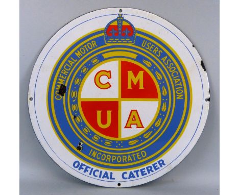 A Commercial Motor Users Association, Official Caterer single sided porcelain enamel advertising sign, diameter 45 cm.